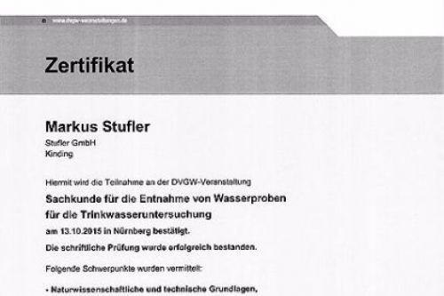 Zertifikat für die Entnahme von Wasserproben